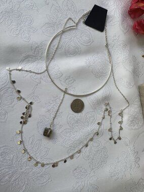 SilverTone Dainty Choker & Long Charm Stone Layered 3 Chain Necklace Set NEW